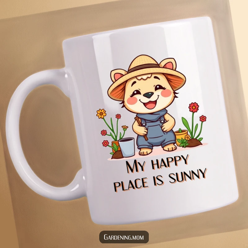 Funny mug with a smiling gardening mom animal wearing a straw hat, radiating happiness and a love for the outdoors.