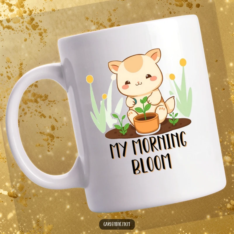 Funny kawaii gardening mug featuring a cute animal character tenderly watering a small green sprout, showcasing gentle care.