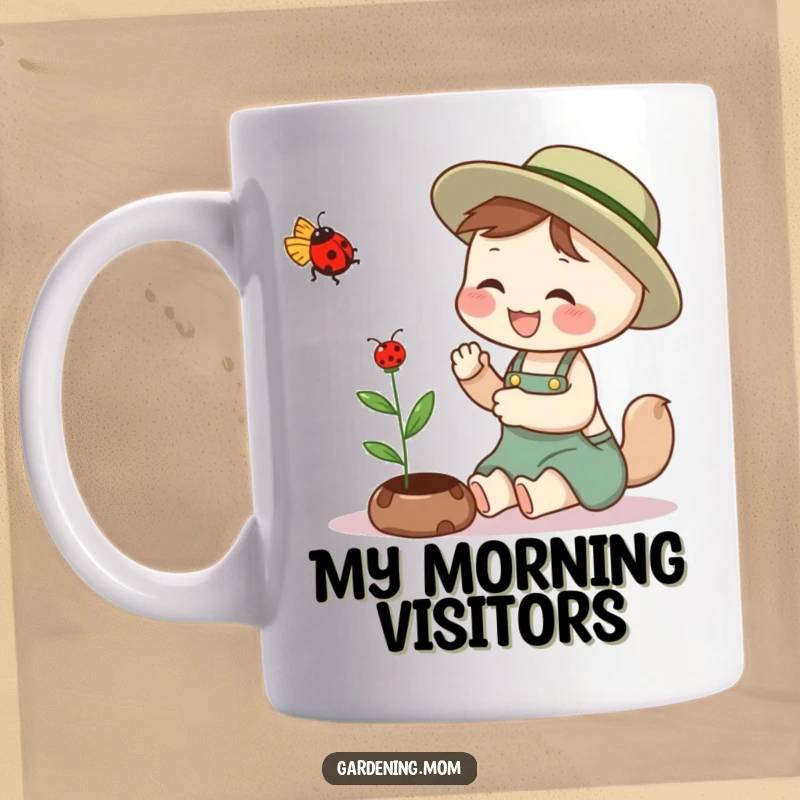Funny gardening mom animal mug shows an animal mom giggling joyfully while gently petting a ladybug hovering nearby.