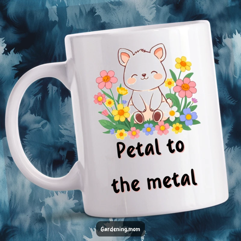 Funny contented animal character sitting peacefully amongst vibrant flowers with a serene smile, designed for a mug.