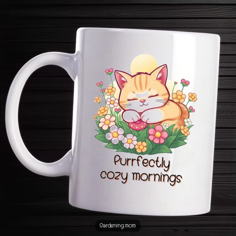 Funny Cat mug featuring a contented cat snoozing peacefully in a sunny flower bed, perfect for enjoying a warm beverage.