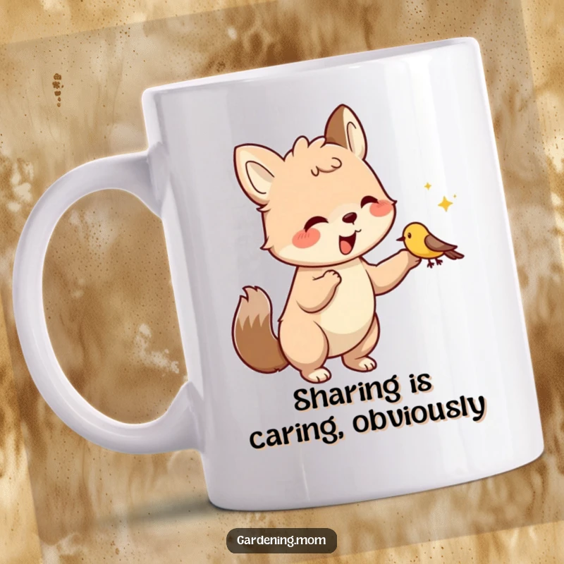 Funny Mug: Friendly animal character gently feeding a small bird from an open palm, showcasing pure kindness and a loving connection.