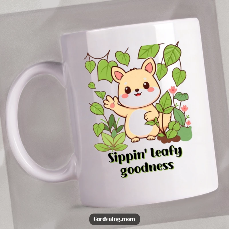 Funny Kawaii Gardening Animal Mug Giving a Cheerful Wave Amidst Leafy Greens, Cute and Friendly Greeting.
