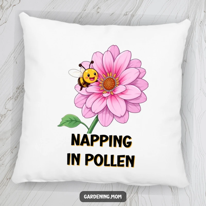 Funny pillow depicting a smiling bee happily buzzing around a giant, fully bloomed flower, perfect for cozy spaces.