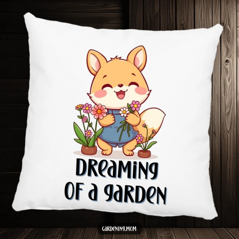 Funny pillow with a cute gardening animal character gleefully holding a vibrant flower bouquet, adding charm to any space.