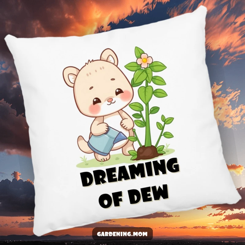 Funny pillow with a happy gardening mom animal watering a vibrant plant, offering comfort and a smile to plant enthusiasts.