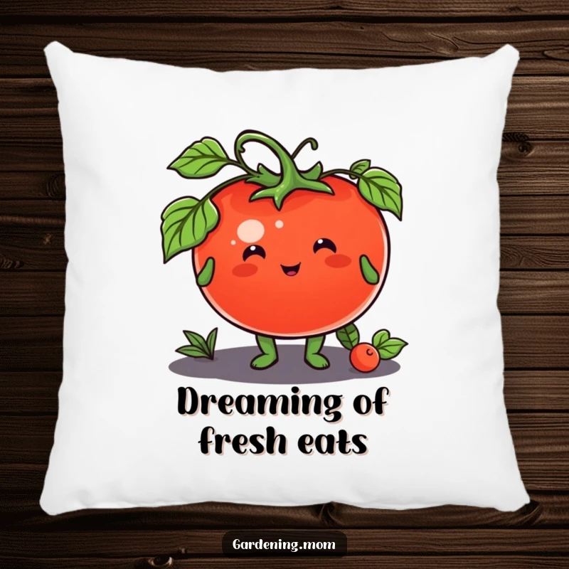 Funny pillow with a cute gardening animal character offering a plump tomato, adding charm and a touch of freshness.