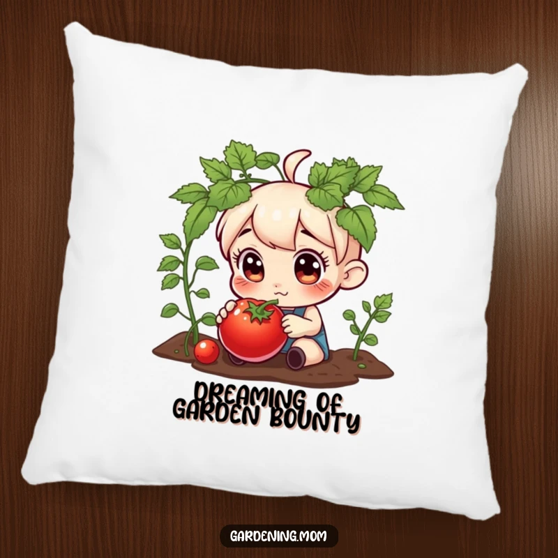 Funny pillow featuring a curious gardening character inspecting a plump tomato, adding a humorous and comfortable element to any room.