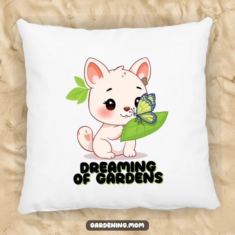 Funny Pillow: An animal character admiring a bright butterfly on a leaf, offering comfort and a touch of nature.