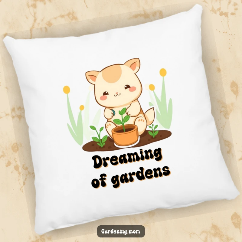 Funny kawaii gardening pillow featuring a cute animal character tenderly watering a sprout, offering cozy and humorous charm.