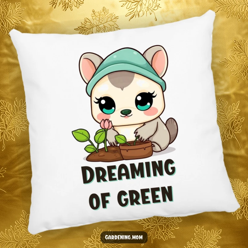 Funny Kawaii Gardening Animal Pillow: A soft, plush cushion showcasing a cute animal with wide eyes, intently watching a sprouting plant.