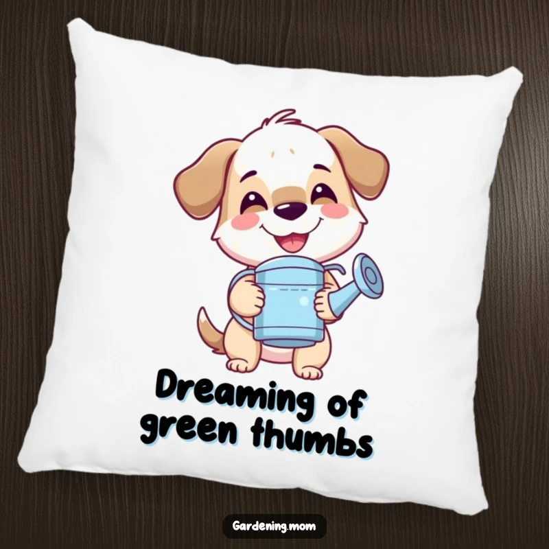 Funny mama dog pillow with a big smile, holding a watering can, bringing cozy garden vibes and a cheerful atmosphere.