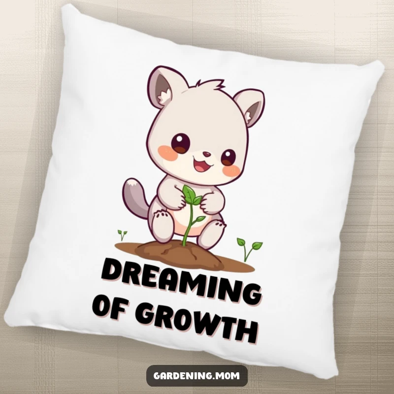 Funny pillow with a cute gardening animal character planting a seed, adding charm and a touch of optimism.