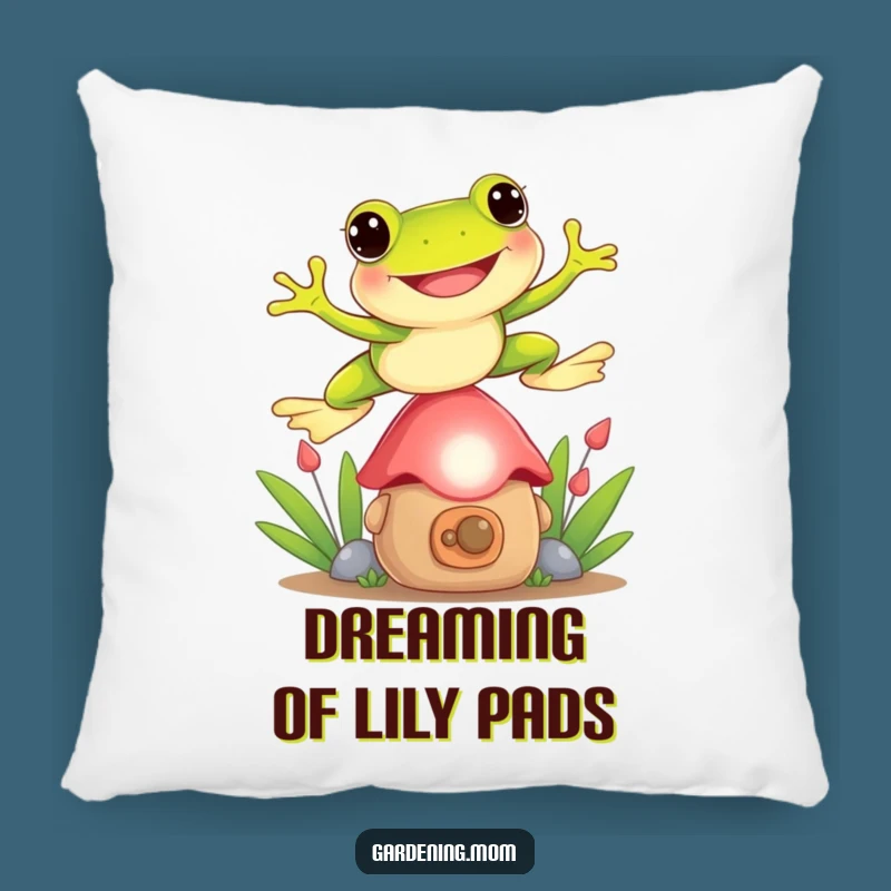 Funny Frog Pillow: Cozy Gnome Jumping Scene, Playful Decor, Delightful Funny Gift