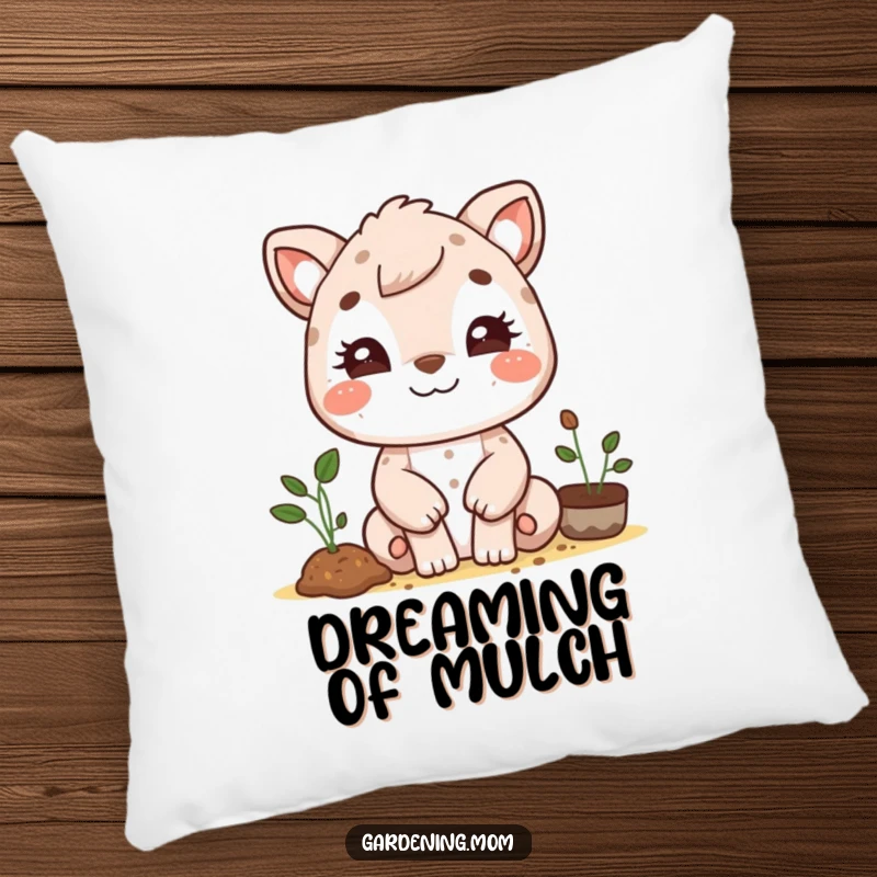 Funny gardening mom animal pillow design: a happy, beaming animal mom with dirt smudges on her face, a cute garden enthusiast.