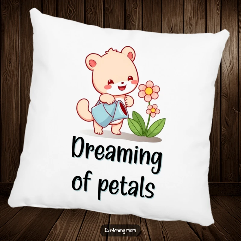 Funny pillow featuring a content animal character watering a vibrant flower, adding a soft touch of humor and garden cheer.