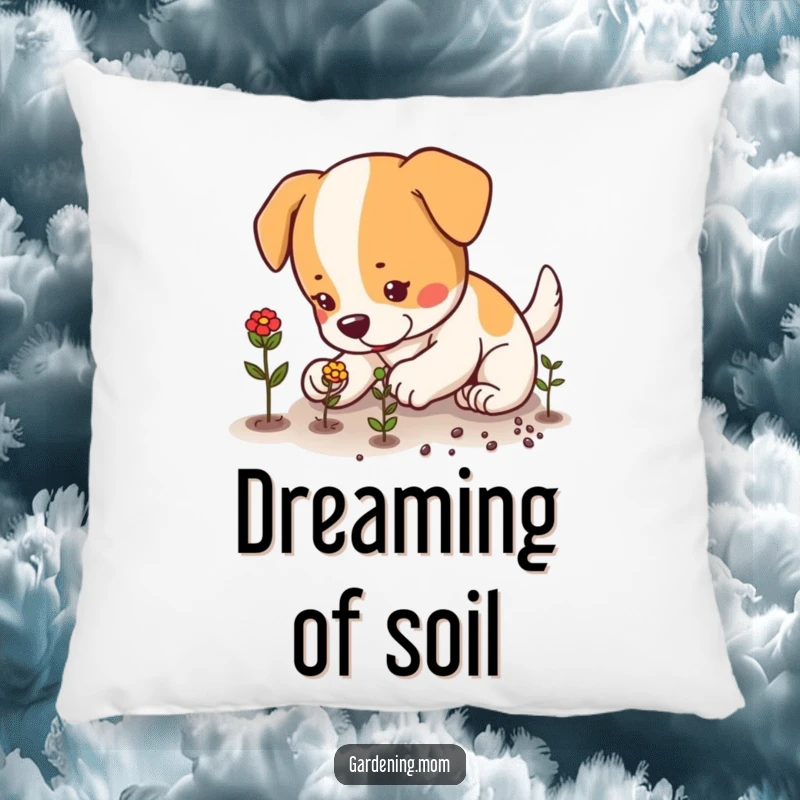 Funny dog carefully planting seeds with small, focused paws, a soft and decorative pillow, gardening humor, funny gift.