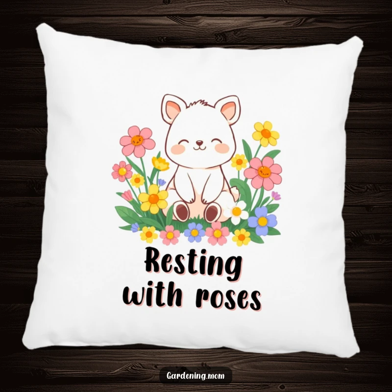 Funny contented animal character sitting amongst vibrant flowers with a peaceful smile, on a soft and decorative pillow.