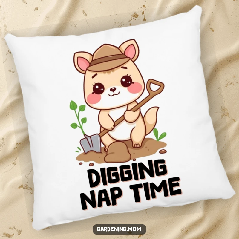 Funny pillow with a cute gardening animal character enthusiastically digging with a small shovel, adding charm and humor.