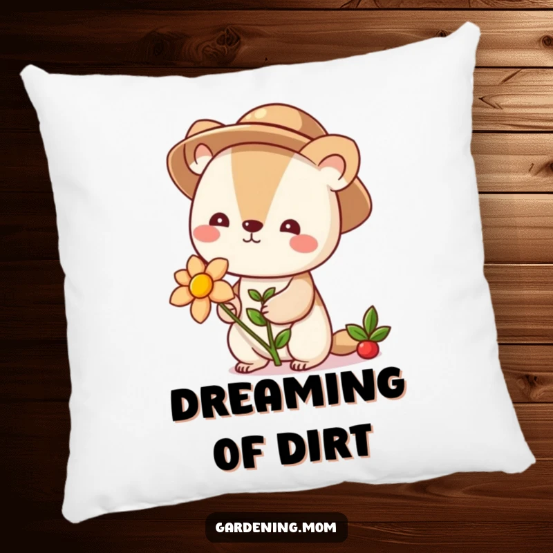 Funny cute animal character in a gardening hat holding a blooming flower, designed as a soft and decorative pillow cushion.