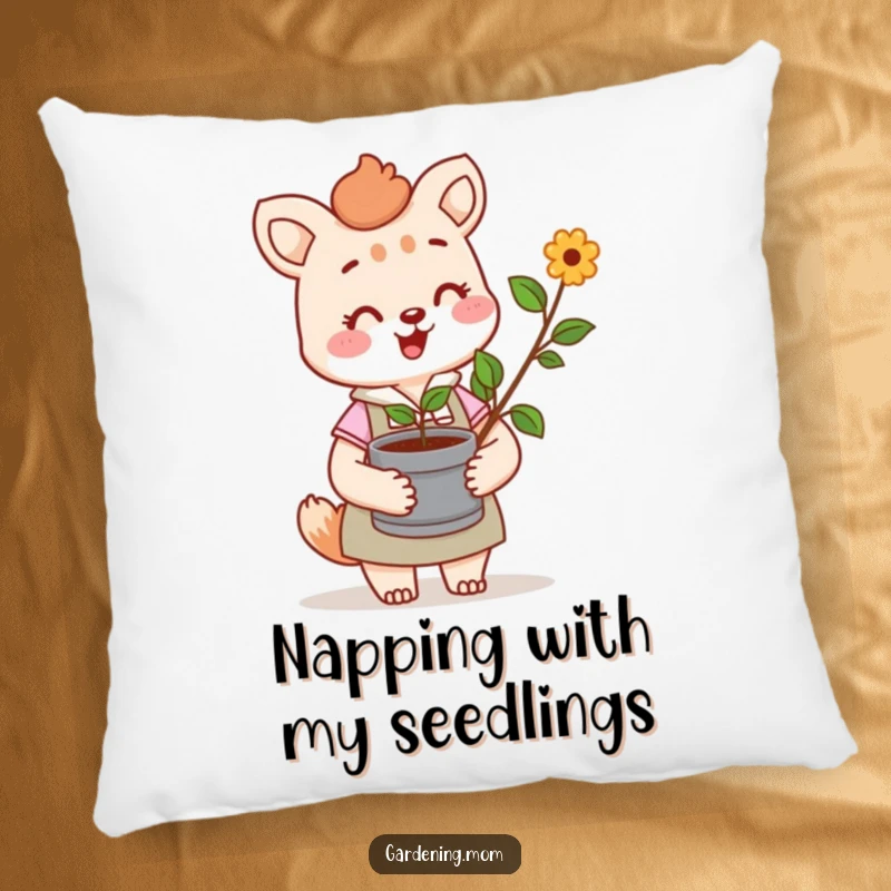Funny pillow featuring a cheerful gardening mom animal character holding a sprout, offering comfort and a touch of garden serenity.