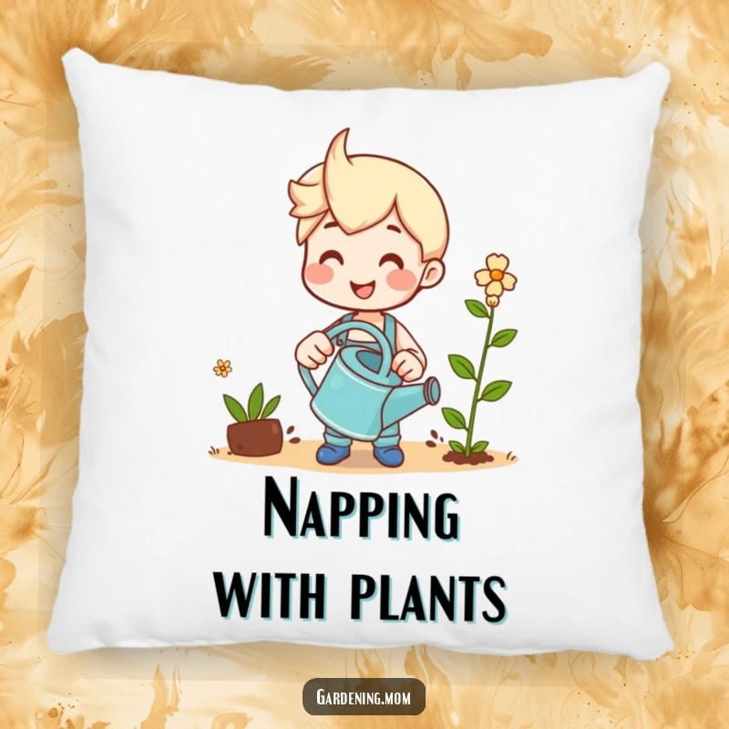 Funny pillow featuring a happy gardener smiling while watering a small, newly sprouted plant.