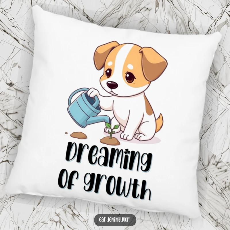 Funny dog watering a tiny sprout, looking hopeful, a soft and comfortable decorative pillow, funny gift.