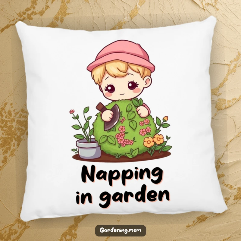 Funny Kawaii Gardener Pillow: Adorable character gently pruning a bush with focus, a cozy funny gift.