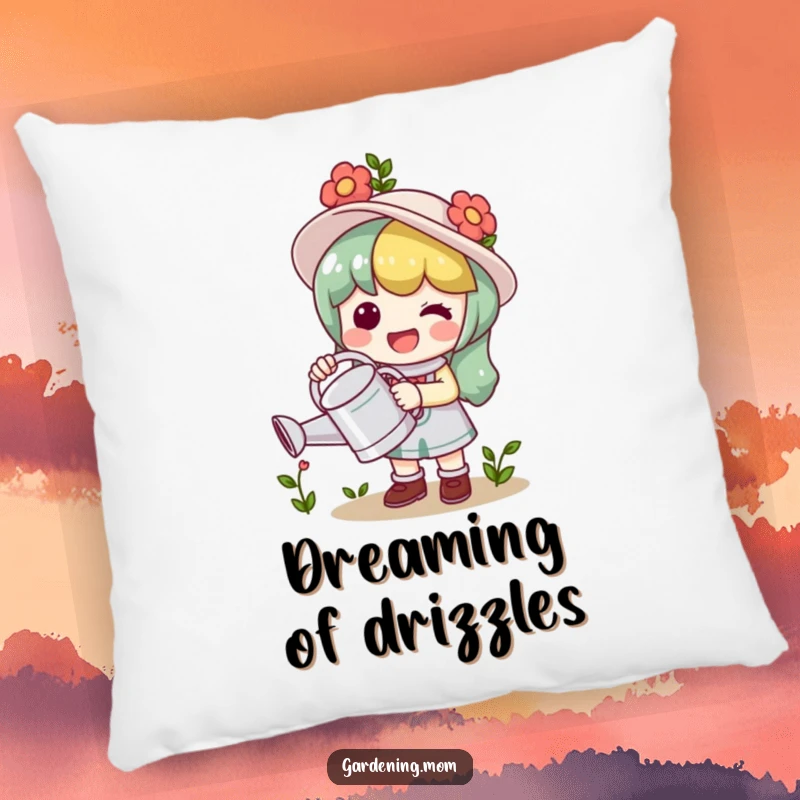 Funny Pillow: A sweet kawaii gardening character poses happily with a watering can, soft and decorative.