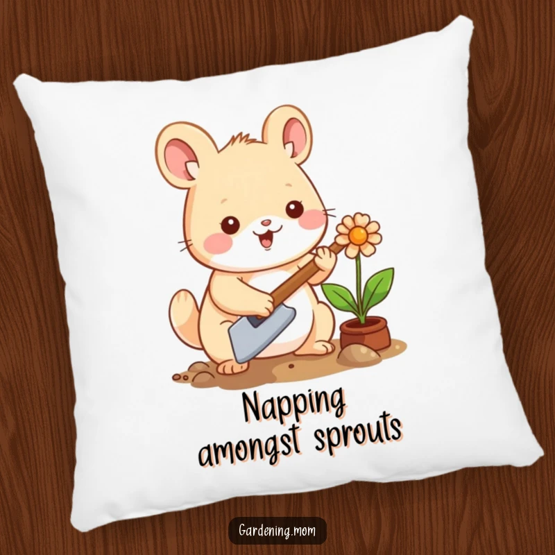 Funny Kawaii Gardening Animal Pillow: A soft cushion featuring a cute creature planting a flower with a trowel, bringing joy and comfort.