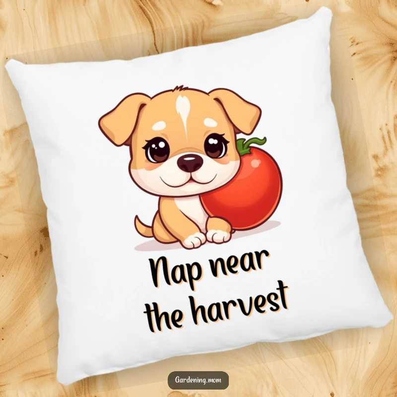 Funny mama dog pillow with curious eyes peeking from behind a tomato, bringing a touch of playful garden charm indoors.