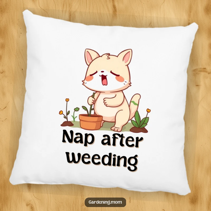 Funny gardening animal character yawning during a determined weeding session, offering comfort and a chuckle.