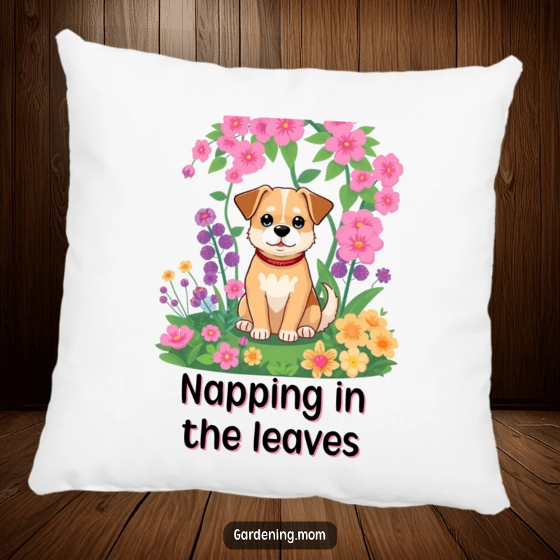 Funny pillow showing a relaxed dog sitting contentedly in a vibrant garden, surrounded by lush greenery.