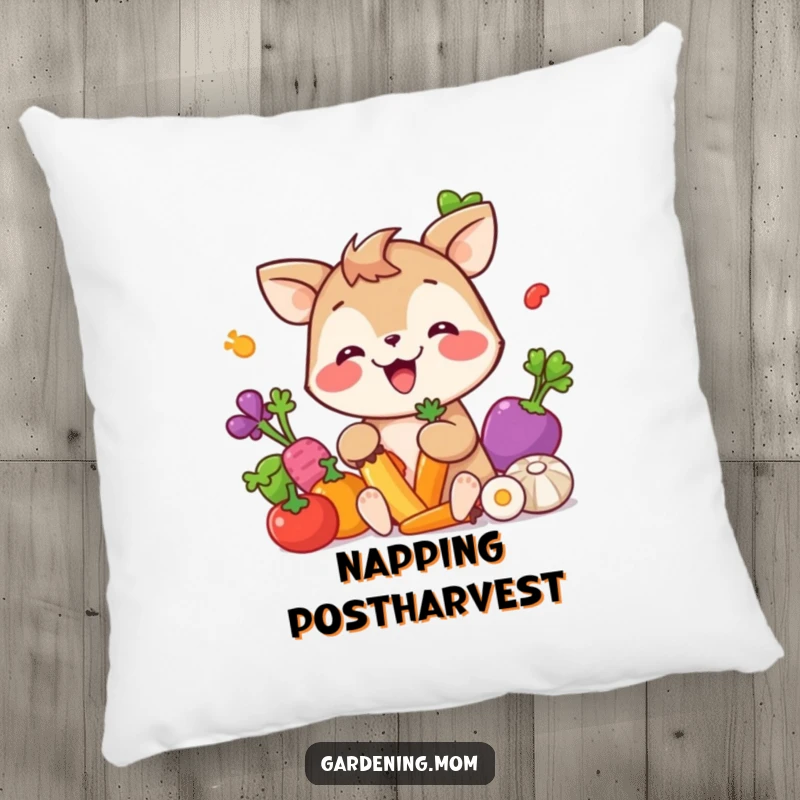 Funny Pillow: A giggling animal character gleefully picking colorful vegetables, bringing comfort and garden joy.