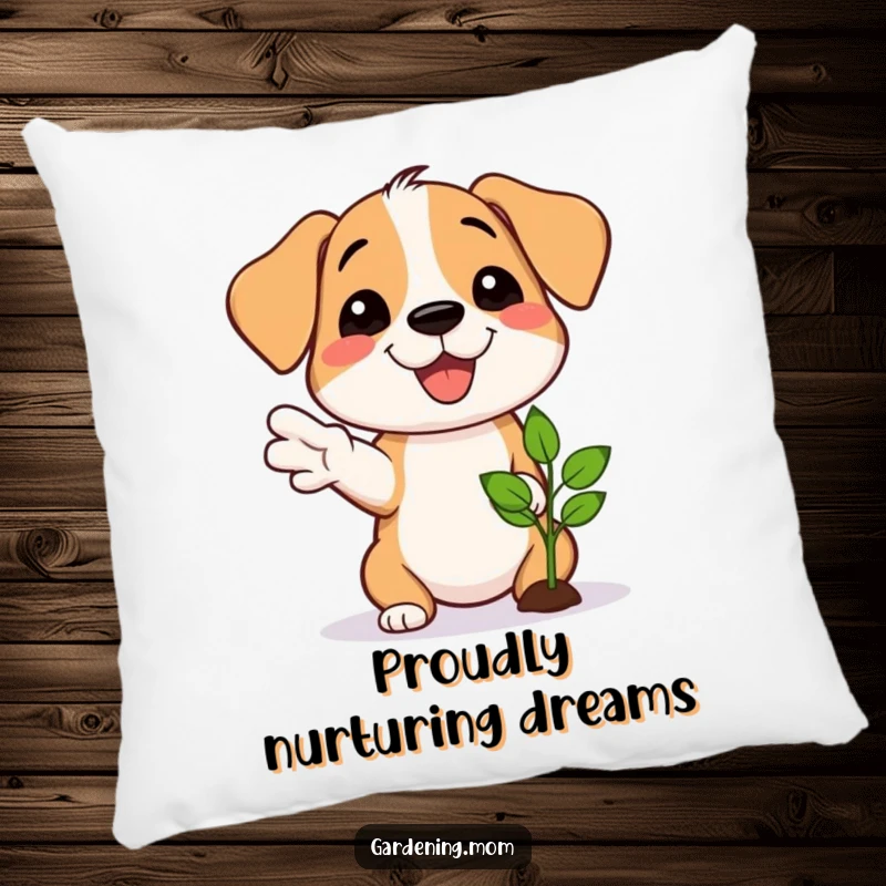 Funny pillow with a proud dog smiling and gesturing towards a newly sprouted seedling, celebrating growth.
