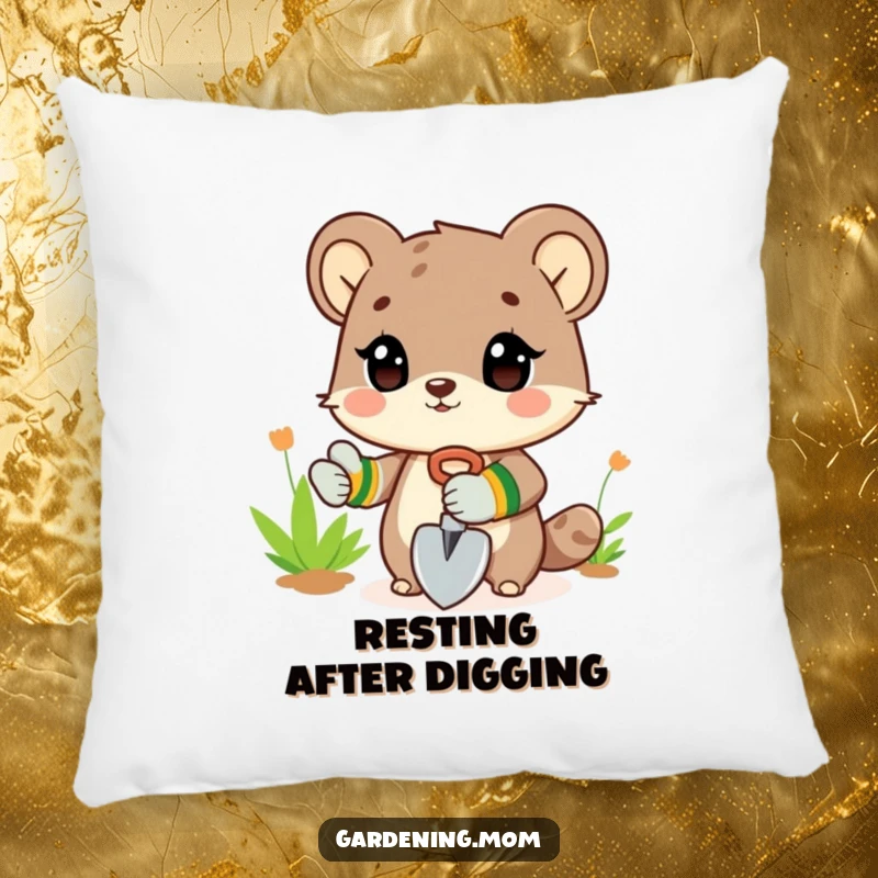 Funny Pillow: An animal character wearing gardening gloves and holding a shovel, bringing garden comfort.