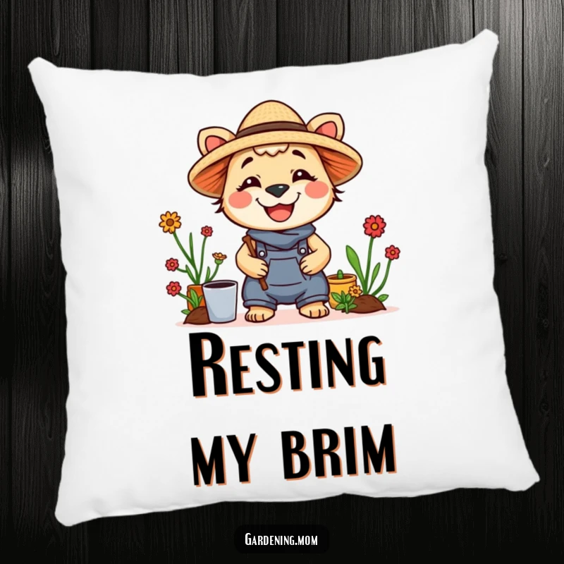 Funny pillow with a happy gardening mom animal wearing a straw hat and a big smile, offering comfort and cheer.