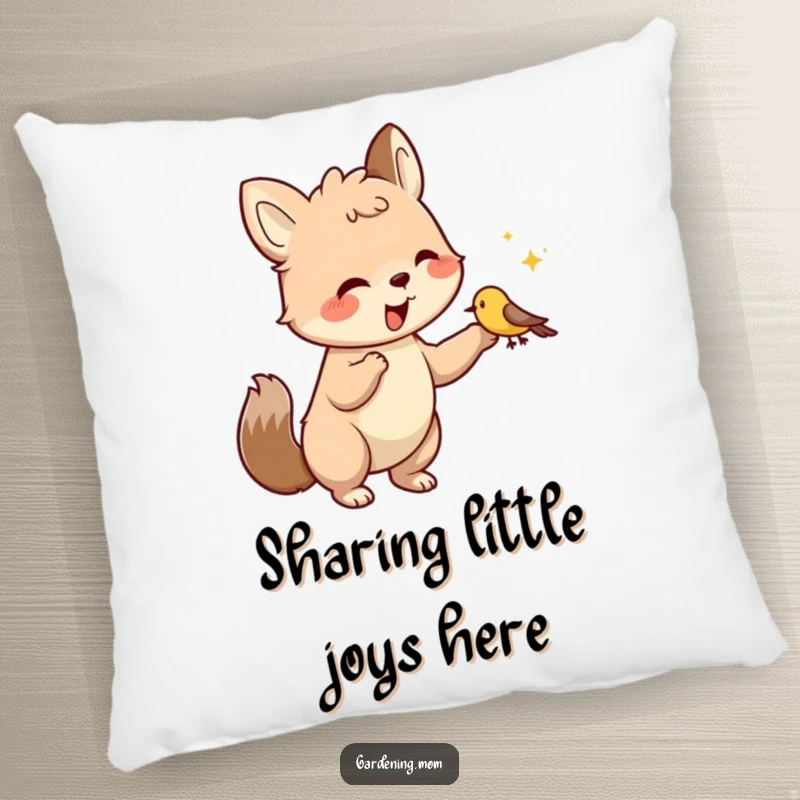 Funny Pillow: Plush animal character tenderly feeding a little bird from its hand, evoking feelings of warmth, love, and gentle care.