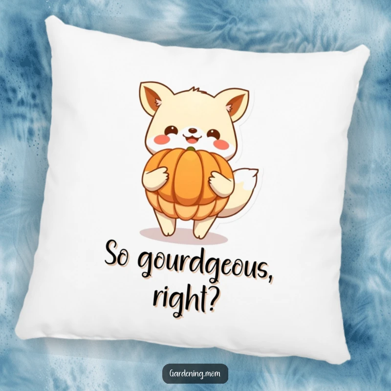 Funny Pillow: Soft and comfy pillow featuring a happy animal character showcasing a large harvested pumpkin, bringing seasonal cheer indoors.