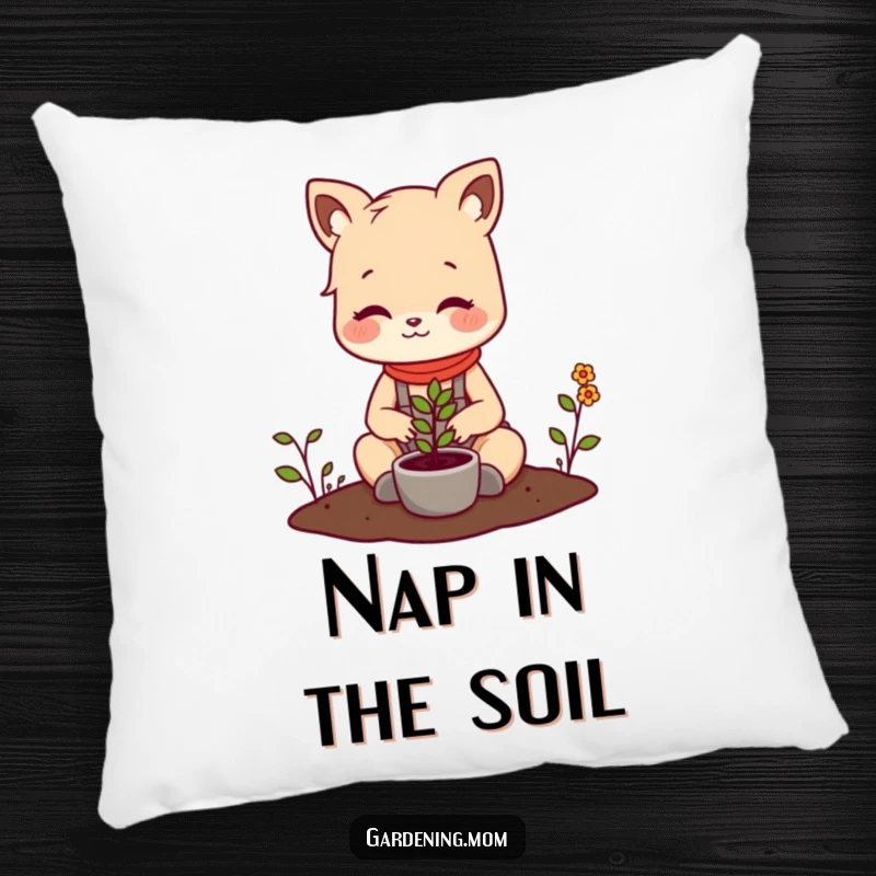 Funny pillow with a happy gardening mom animal planting a tiny seedling, offering comfort and a smile to plant enthusiasts.