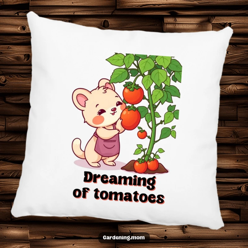 Funny gardening mom animal pillow design: an animal mom reaching for a ripe tomato on the vine, a happy gardener.