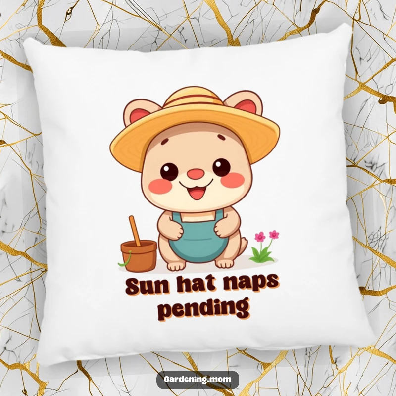 Funny Kawaii Gardening Animal Pillow: A soft cushion featuring a cute animal in a straw hat, grinning with pure gardening pride.