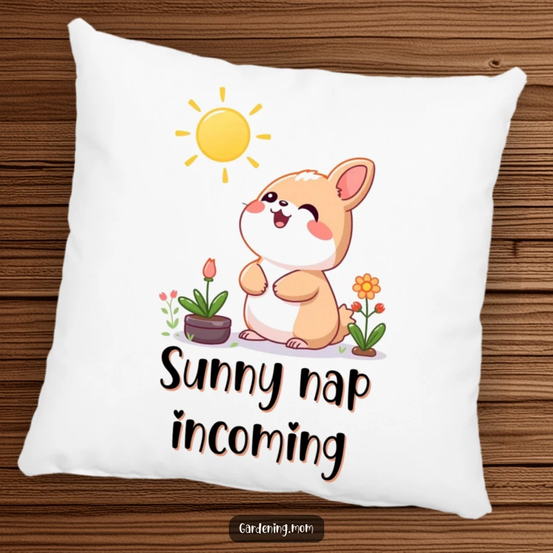 Funny Kawaii Gardening Animal Pillow Looking Up at Sun, Soft and Cozy, Cheerful Decorative Accent.