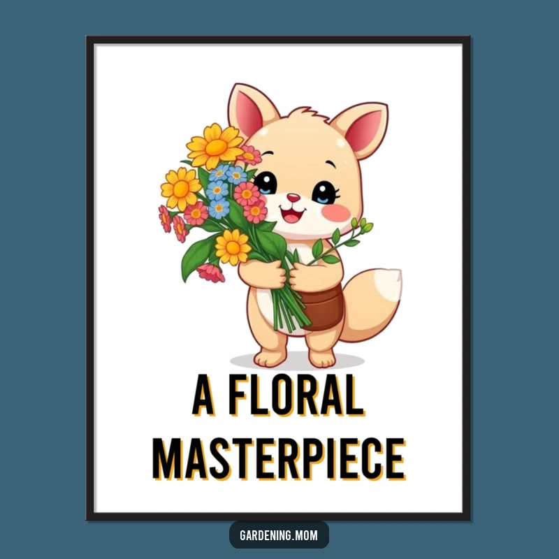 Funny Gardening Animal Print: Happy Critter Holds Flowers With Pride, Instant Funny Gift