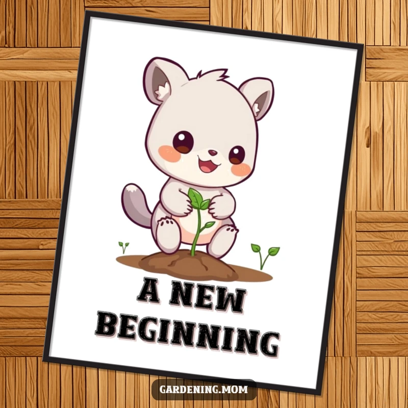 Funny digital art print of a delightful gardening animal character planting a seed, perfect for instant inspiration.