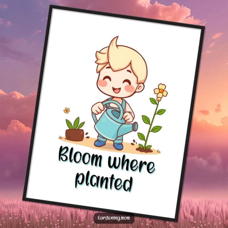 Funny digital art print of a happy gardener smiling while watering a small, growing sprout.