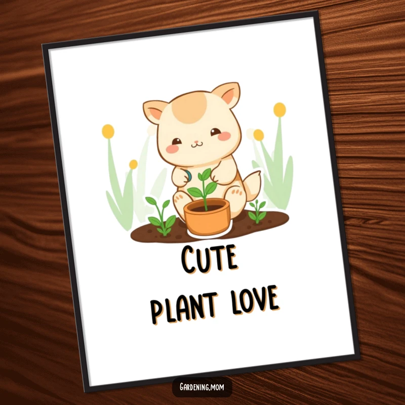 Funny kawaii gardening digital art print of a cute animal character watering a sprout, perfect for charming and humorous decor.