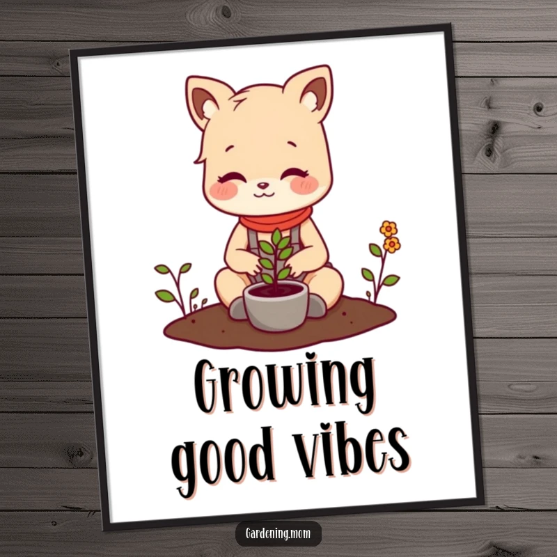 Funny digital art print of a cheerful gardening mom animal planting a tiny seedling, ideal for instant download and wall decoration.