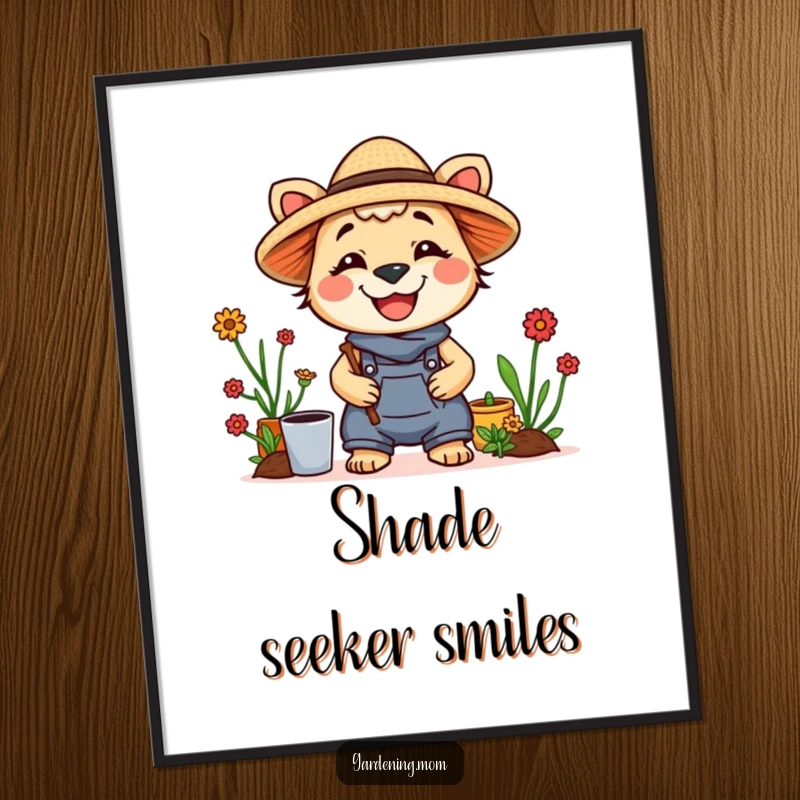 Funny digital art print of a cheerful gardening mom animal wearing a straw hat and smiling, ideal for instant download and decor.