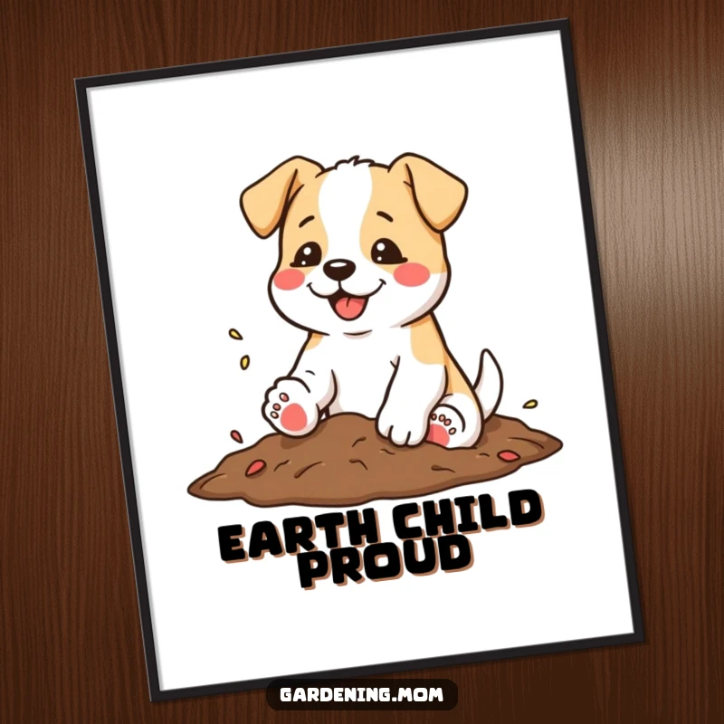 Funny digital art print of a dog shaking soil from its paws with a satisfied wag, celebrating garden labor.